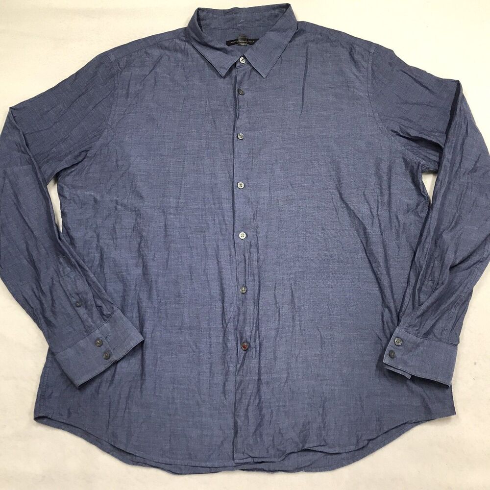 JOHN VARVATOS Chambray Shirt Men 2XL Indigo Blue Button Up Dress Designer City